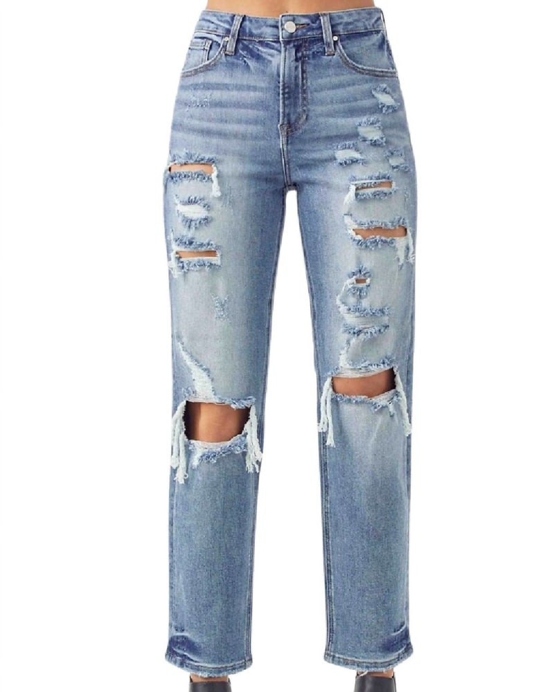 Front of a model wearing a size 2XL Girlfriend High Rise Jean In Light Wash in Light Wash by RISEN. | dia_product_style_image_id:354148